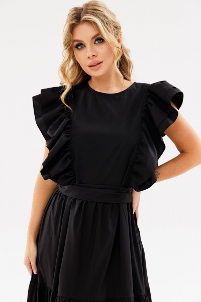 Черное летнее платье свободного силуэта с рюшами Ambera Style 1096-1 черный - фото 6