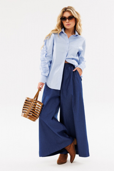 Голубая свободная рубашка с карманами и декоративной рюшей Ambera Style 1097 голубой - фото 5