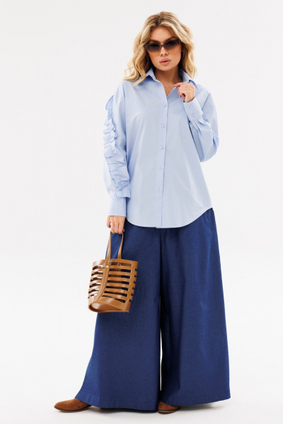 Голубая свободная рубашка с карманами и декоративной рюшей Ambera Style 1097 голубой - фото 4