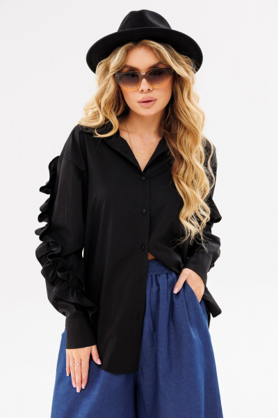 Черная свободная рубашка с фигурным низом и длинным рукавом Ambera Style 1097в черный - фото 4
