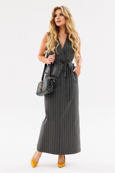 Деловой костюм из текстиля с юбкой-миди и разрезом Ambera Style 2082 полоска_серый - фото 2