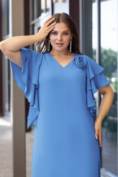 Платье миди с разрезом и брошью для особых случаев Gold Style 2659 синий - фото 6