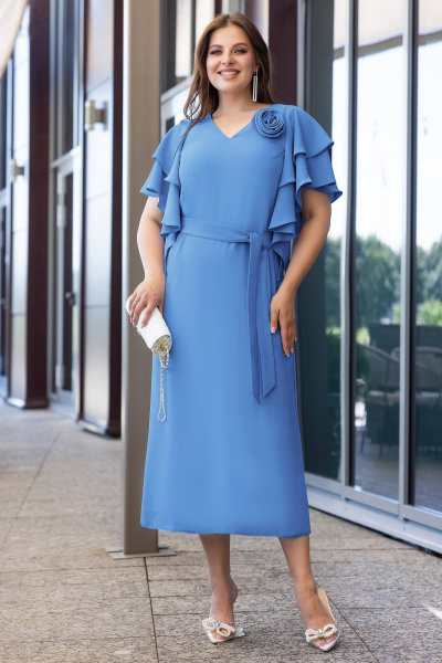 Платье миди с разрезом и брошью для особых случаев Gold Style 2659 синий - фото 4
