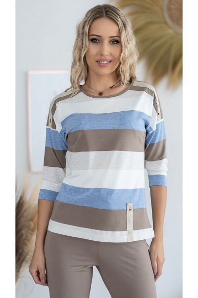 Джемпер свободного кроя с рукавами 3/4 и люверсами Nika.PL 03078 бежево-голубой - фото 1