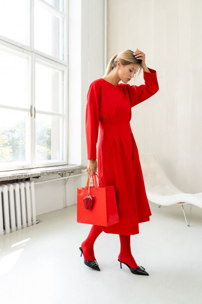 Платье миди с застроченными складками и талиевыми вытачками SILVERSPICE S-5423  красный - фото 4
