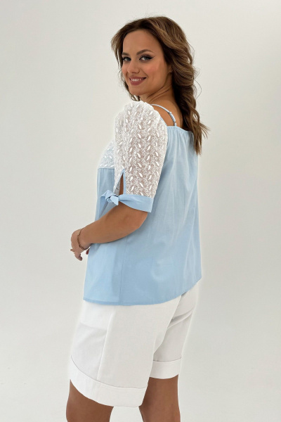 Летняя блузка с кружевными вставками и рукавами-фонариками Condra 16058 голубой - фото 7