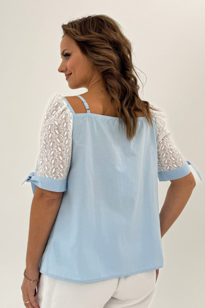 Летняя блузка с кружевными вставками и рукавами-фонариками Condra 16058 голубой - фото 5