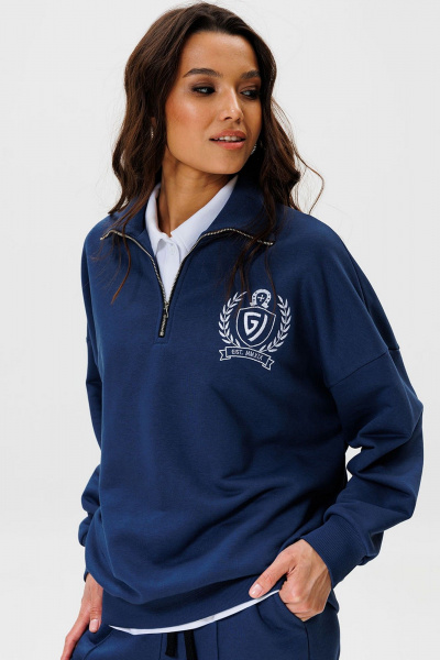 Синий демисезонный джемпер из хлопка с вышивкой, стиль для повседневных образов GO F4077/20-01. 164-170 - фото 1