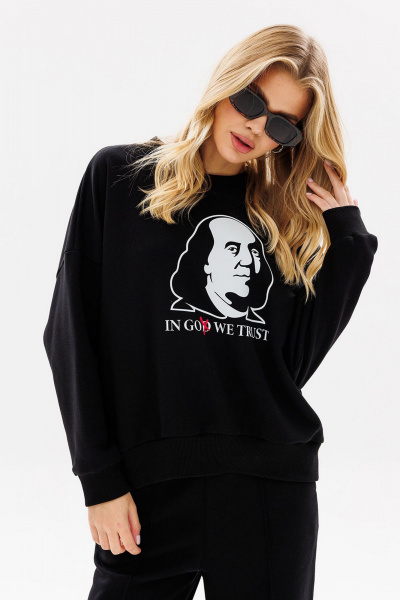 Черный свитшот с печатью и спущенными плечами GO F4083/40-02. 170-176 - фото 2