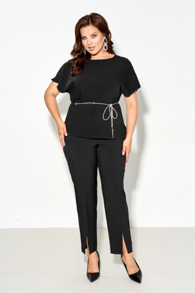 Женская демисезонная черная блуза с поясом из текстиля IVA 1649 черный - фото 4