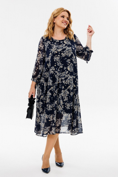 Круглогодичное синее нарядное платье из шифона с воланами и стразами Michel chic 2164 абстракция - фото 2