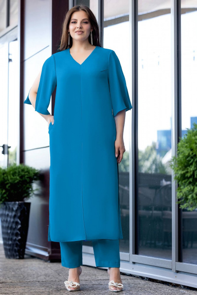 Демисезонный комплект из туники и брюк из текстиля Gold Style 2660 темная_бирюза - фото 8