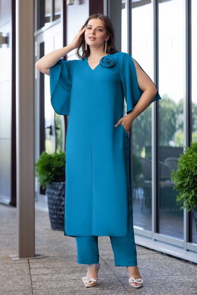 Демисезонный комплект из туники и брюк из текстиля Gold Style 2660 темная_бирюза - фото 1
