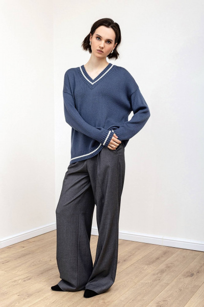 Синий двухцветный джемпер из шерстяной пряжи, свободный крой Romgil 935ШТЗ индиго,молочный - фото 6