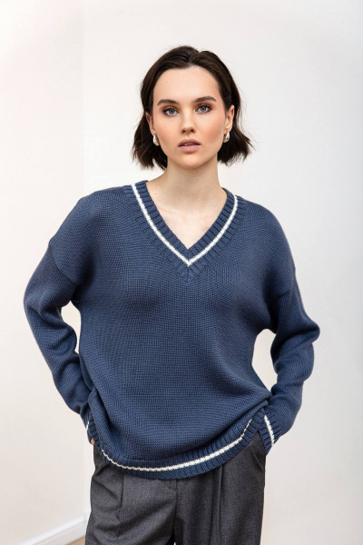 Синий двухцветный джемпер из шерстяной пряжи, свободный крой Romgil 935ШТЗ индиго,молочный - фото 4