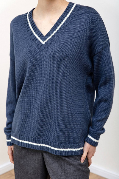 Синий двухцветный джемпер из шерстяной пряжи, свободный крой Romgil 935ШТЗ индиго,молочный - фото 3