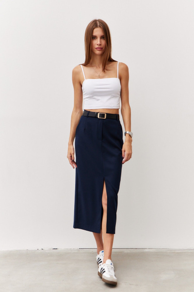 Юбка ниже колена из костюмной ткани с карманами Luitui R2068 темно-синий - фото 1
