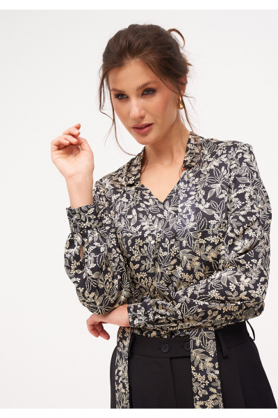 Демисезонная блузка с длинным рукавом и V-вырезом KaVaRi 4015 черный_принт - фото 7