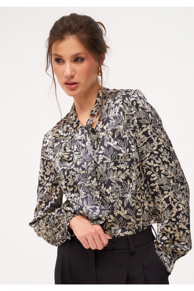 Демисезонная блузка с длинным рукавом и V-вырезом KaVaRi 4015 черный_принт - фото 5