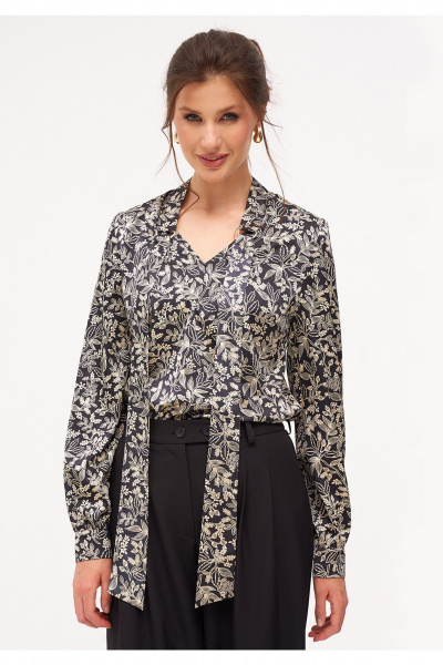 Демисезонная блузка с длинным рукавом и V-вырезом KaVaRi 4015 черный_принт - фото 3