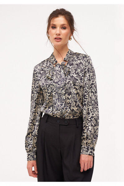 Демисезонная блузка с длинным рукавом и V-вырезом KaVaRi 4015 черный_принт - фото 1