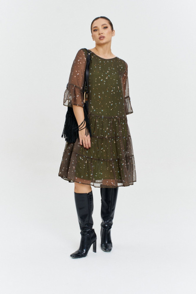 Стильное шифоновое платье с рукавом-воланом Anastasia 1110 олива - фото 8