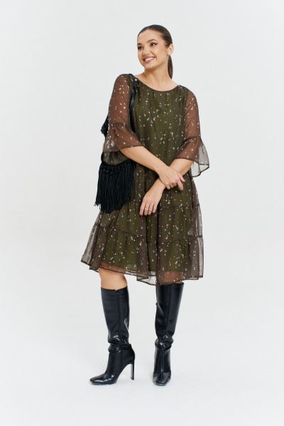 Стильное шифоновое платье с рукавом-воланом Anastasia 1110 олива - фото 5