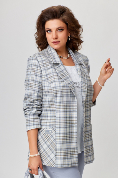 Классический комплект брюки жакет топ из джинсовой ткани Fita 1486 серо-голубой - фото 6