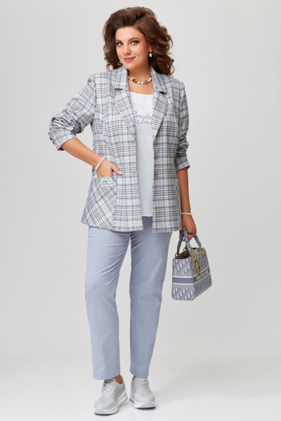 Классический комплект брюки жакет топ из джинсовой ткани Fita 1486 серо-голубой - фото 3