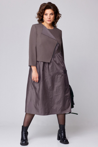 Демисезонное приталенное платье с косухой и сборками Мишель стиль 1209 какао - фото 2