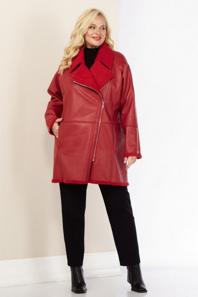 Длинное демисезонное пальто из экокожи с асимметричной молнией Celentano 2082.1 алый - фото 14