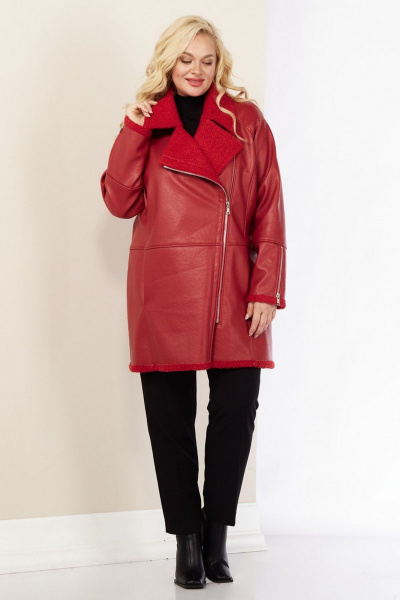 Длинное демисезонное пальто из экокожи с асимметричной молнией Celentano 2082.1 алый - фото 13