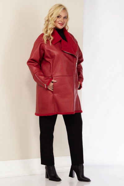 Длинное демисезонное пальто из экокожи с асимметричной молнией Celentano 2082.1 алый - фото 12