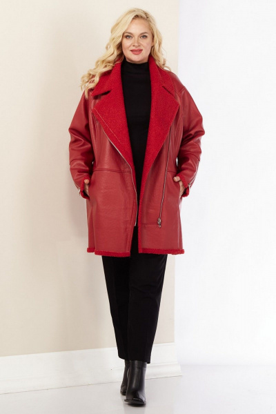 Длинное демисезонное пальто из экокожи с асимметричной молнией Celentano 2082.1 алый - фото 11