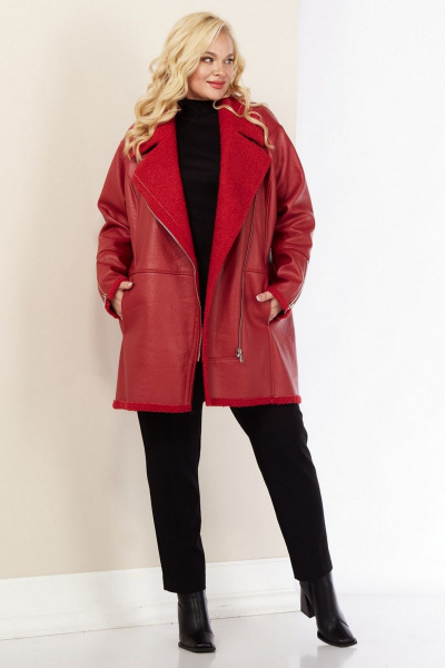 Длинное демисезонное пальто из экокожи с асимметричной молнией Celentano 2082.1 алый - фото 10