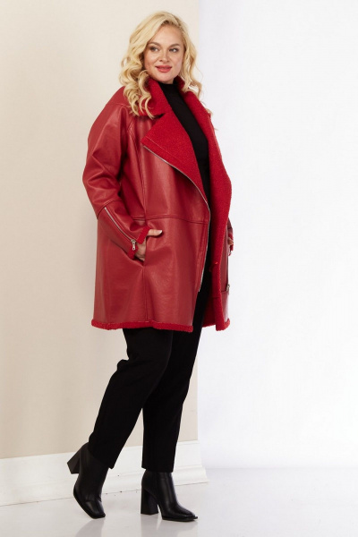 Длинное демисезонное пальто из экокожи с асимметричной молнией Celentano 2082.1 алый - фото 9