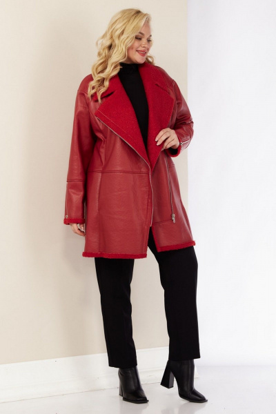 Длинное демисезонное пальто из экокожи с асимметричной молнией Celentano 2082.1 алый - фото 7