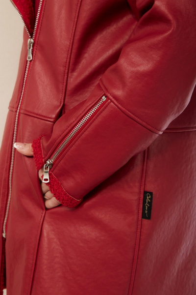 Длинное демисезонное пальто из экокожи с асимметричной молнией Celentano 2082.1 алый - фото 6