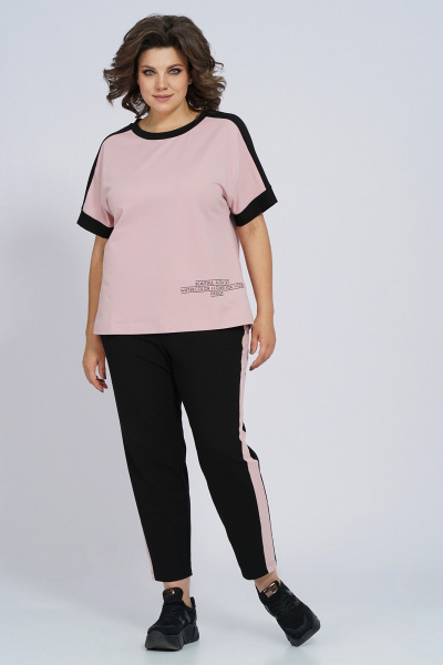 Костюм из трикотажа: футболка и брюки с лампасами для спорта Пинск-Стиль 159 пыльная роза+черный - фото 2