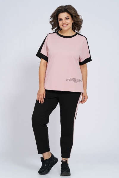 Костюм из трикотажа: футболка и брюки с лампасами для спорта Пинск-Стиль 159 пыльная роза+черный - фото 1