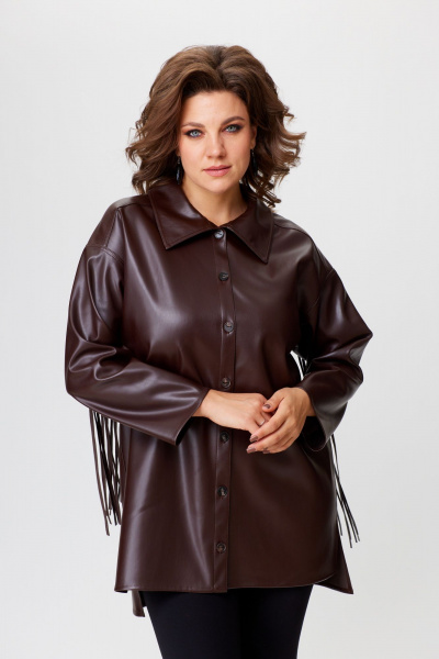 Рубашка свободного кроя из экокожи с бахромой и разрезами Avenue 0330 шоколад - фото 1