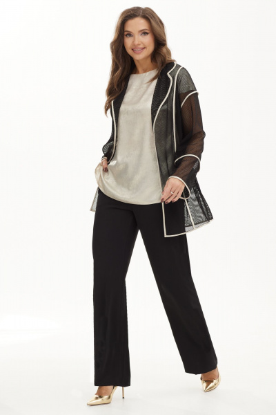 Демисезонный комплект из кардигана, блузы и брюк с сетчатым элементом Магия моды 2460 черный-жемчужный - фото 4