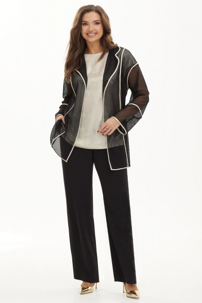 Демисезонный комплект из кардигана, блузы и брюк с сетчатым элементом Магия моды 2460 черный-жемчужный - фото 1