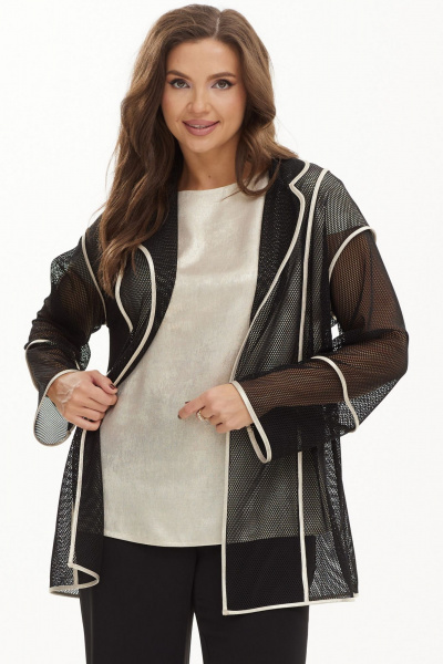 Демисезонный комплект из кардигана, блузы и брюк с сетчатым элементом Магия моды 2460 черный-жемчужный - фото 2