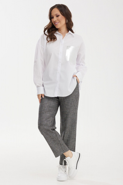 Стильный демисезонный комплект блузы и брюк из хлопка и костюмной ткани Магия моды 2458 белый-серый - фото 4