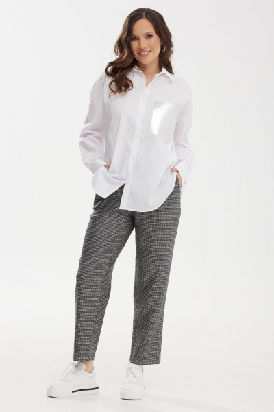 Стильный демисезонный комплект блузы и брюк из хлопка и костюмной ткани Магия моды 2458 белый-серый - фото 3