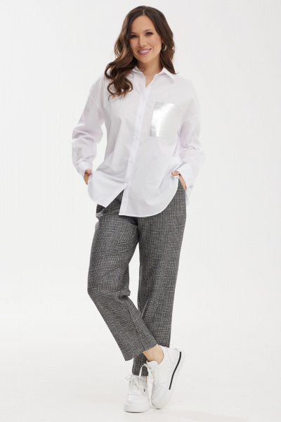 Стильный демисезонный комплект блузы и брюк из хлопка и костюмной ткани Магия моды 2458 белый-серый - фото 1