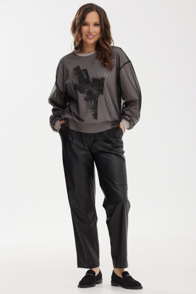 Демисезонный комплект из джемпера и брюк с эко-кожей и сеткой Магия моды 2475 черный-серый - фото 5