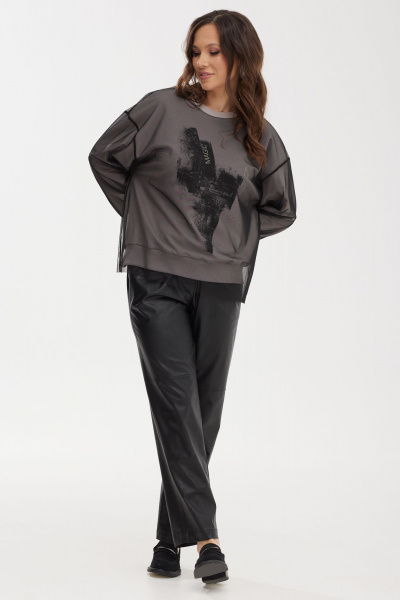 Демисезонный комплект из джемпера и брюк с эко-кожей и сеткой Магия моды 2475 черный-серый - фото 4