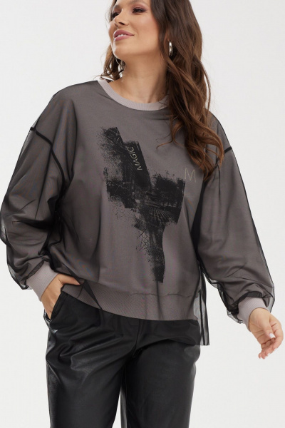 Демисезонный комплект из джемпера и брюк с эко-кожей и сеткой Магия моды 2475 черный-серый - фото 3